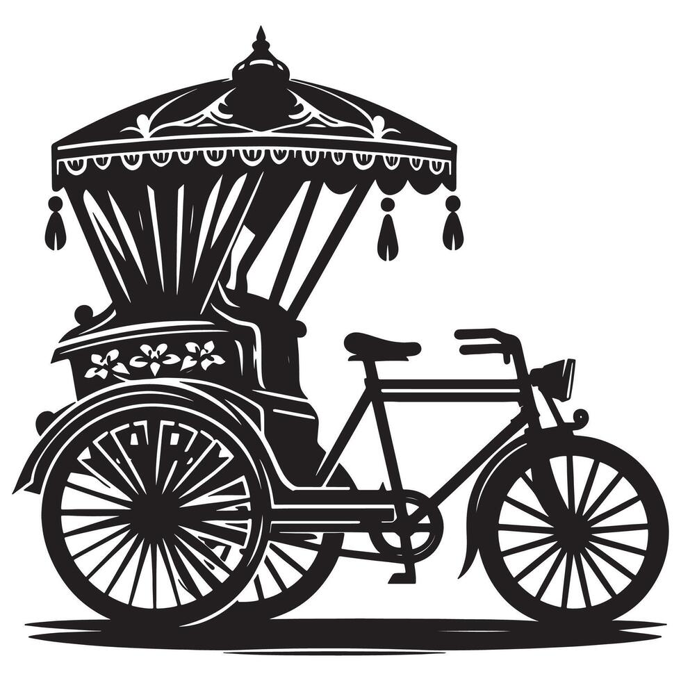 Vintage rickshaw illustration, black and white silhouette of a classic Asian transport vehicle vector