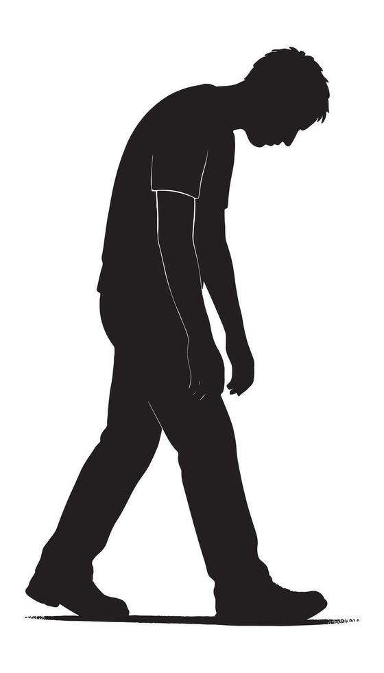 Silhouette of sad man walking with head down in depression and anxiety representation concept artwork vector