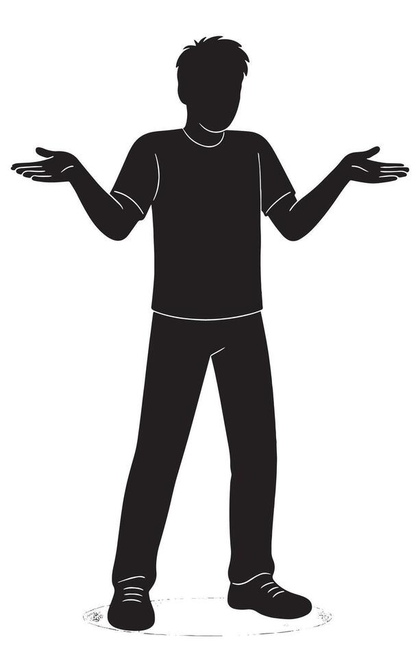 Silhouette of a man shrugging with open hands, expressing confusion and uncertainty, isolated on white vector