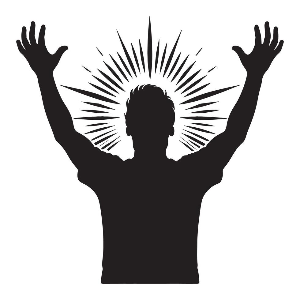 Silhouette man with arms raised and sun rays illustration design for spiritual and religious themes vector