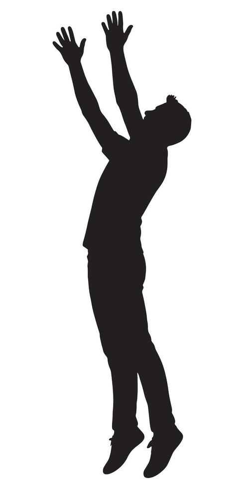 Silhouette of man jumping with hands up reaching for something in the air action pose isolated vector