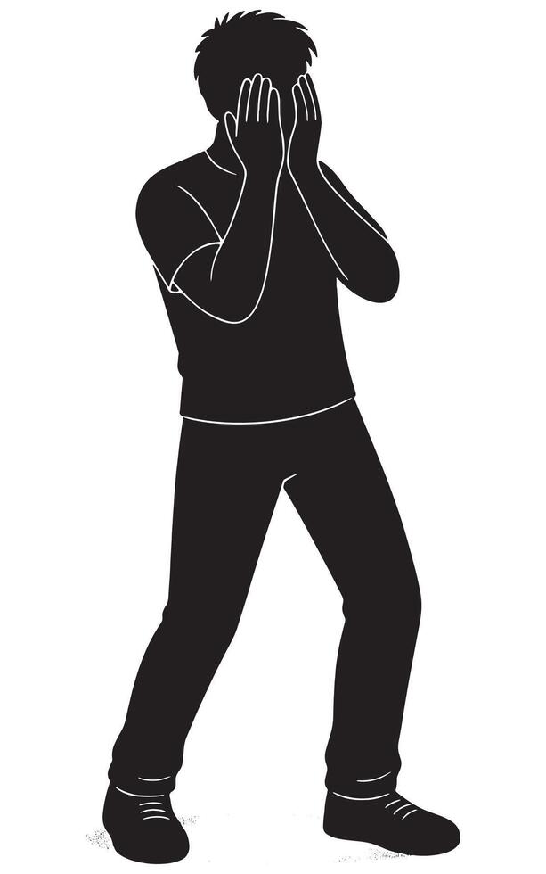 Silhouette of man covering face in despair or shame for mental health and emotional well being concept vector