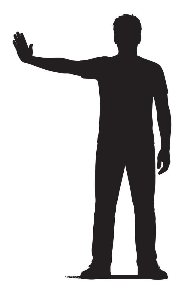 Isolated silhouette of man gesturing stop with hand, black and white stop sign, warning silhouette figure vector