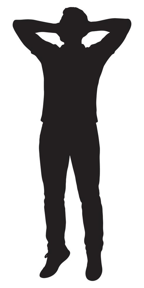 Silhouette of man standing with hands behind head for stress relief and relaxation black on white background vector