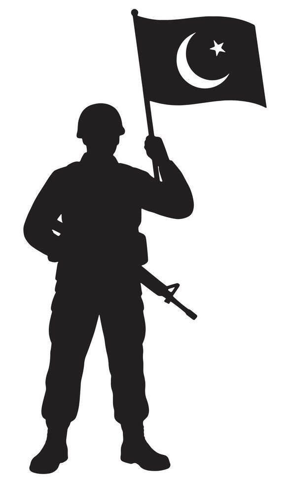 Silhouette of soldier holding pakistani flag with star and crescent moon for Islamic army concept design vector