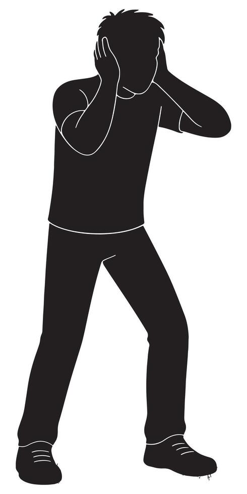 Silhouette of man covering ears from loud noise concept for stress and anxiety illustration art vector