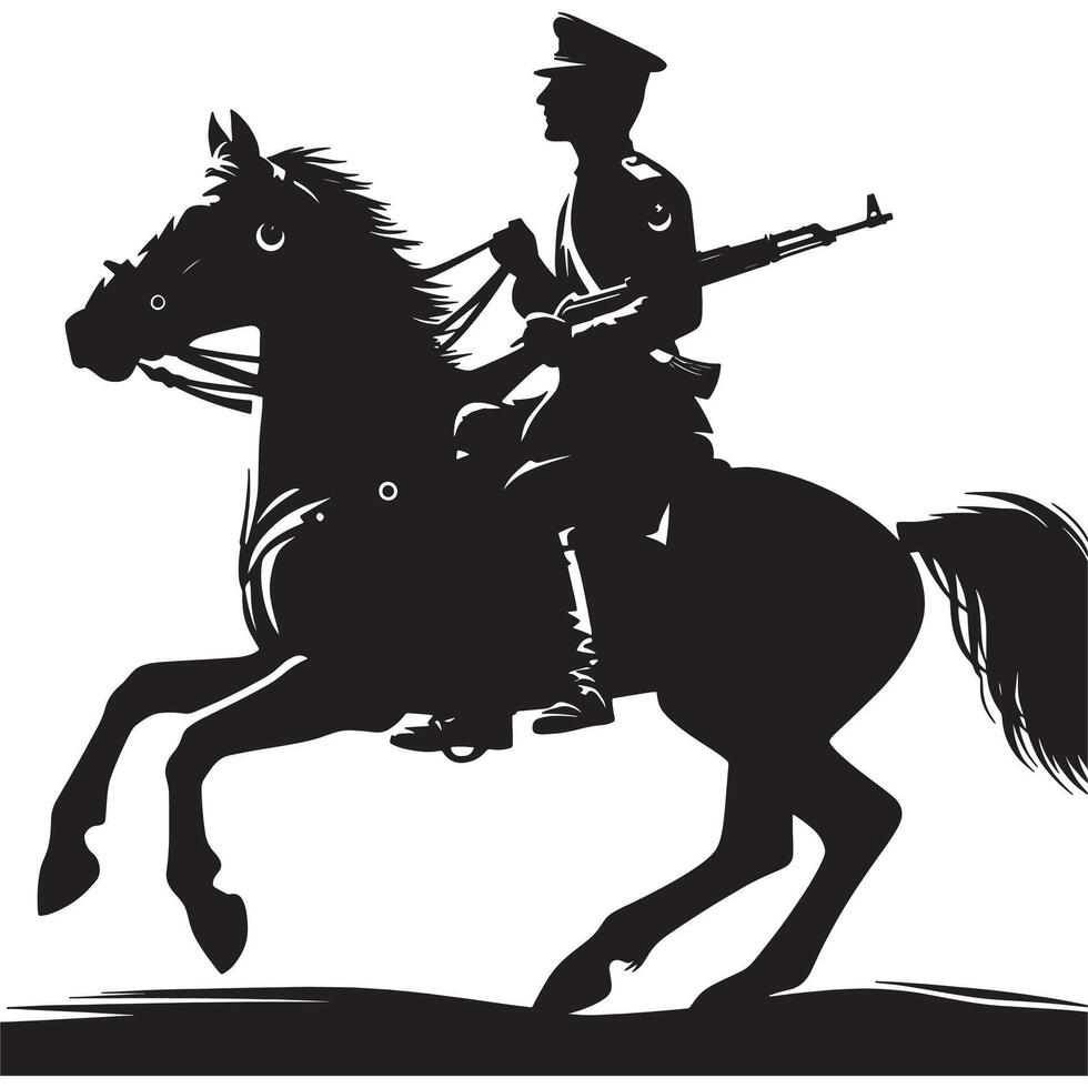 Silhouette of soldier riding a horse with rifle military army cavalry black and white illustration vector