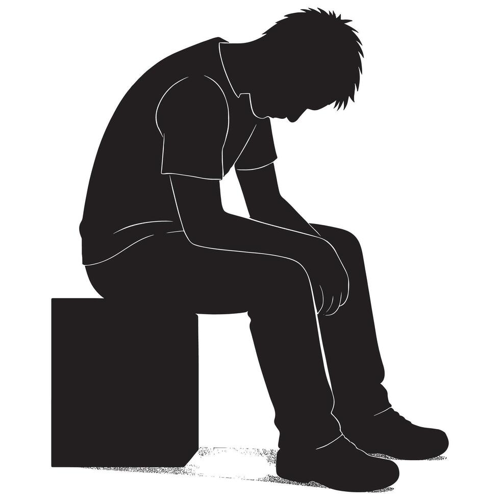 Silhouette of sad man sitting on box concept for depression mental health and emotional stress illustration vector