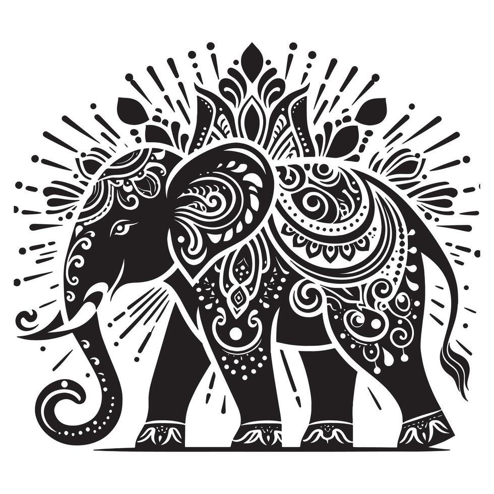 Detailed black and white elephant illustration design for print and digital use decorative animal art silhouette vector