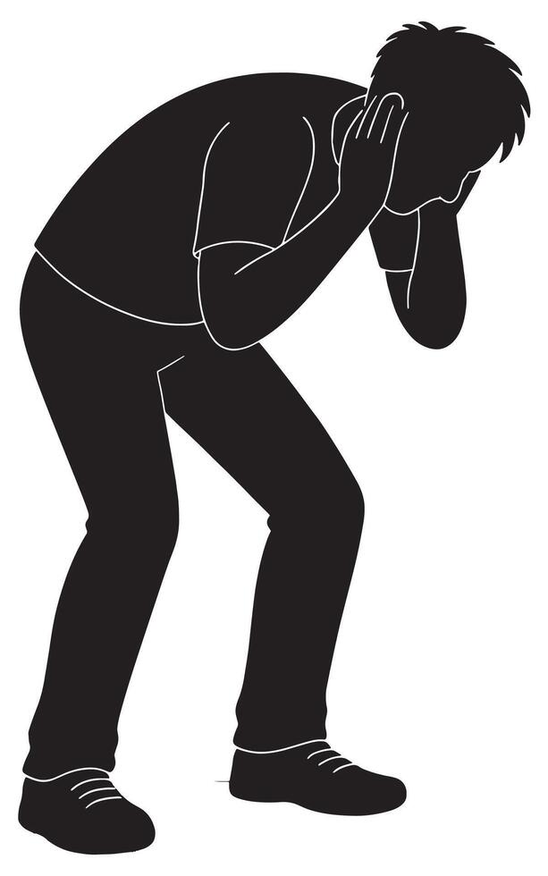 Silhouette of stressed man covering ears from loud noise and feeling anxiety or mental health problem vector