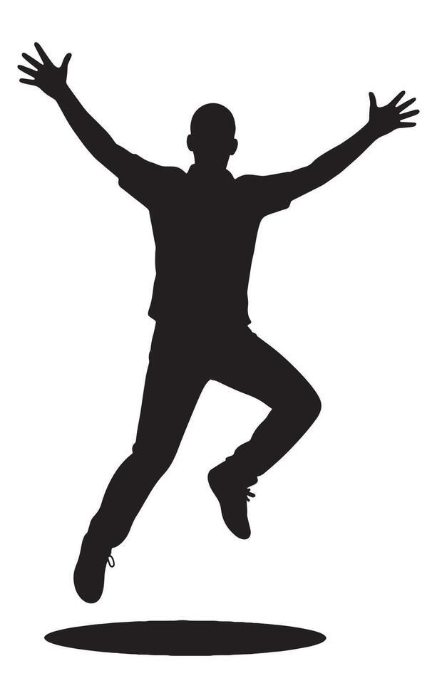 Excited man silhouette jumping with arms raised for celebration and success in black and white graphic vector