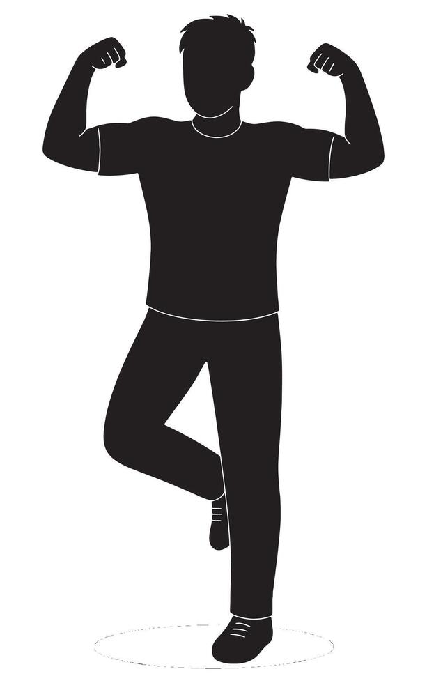 Silhouette of strong man flexing biceps and balancing on one leg for fitness and health concept vector