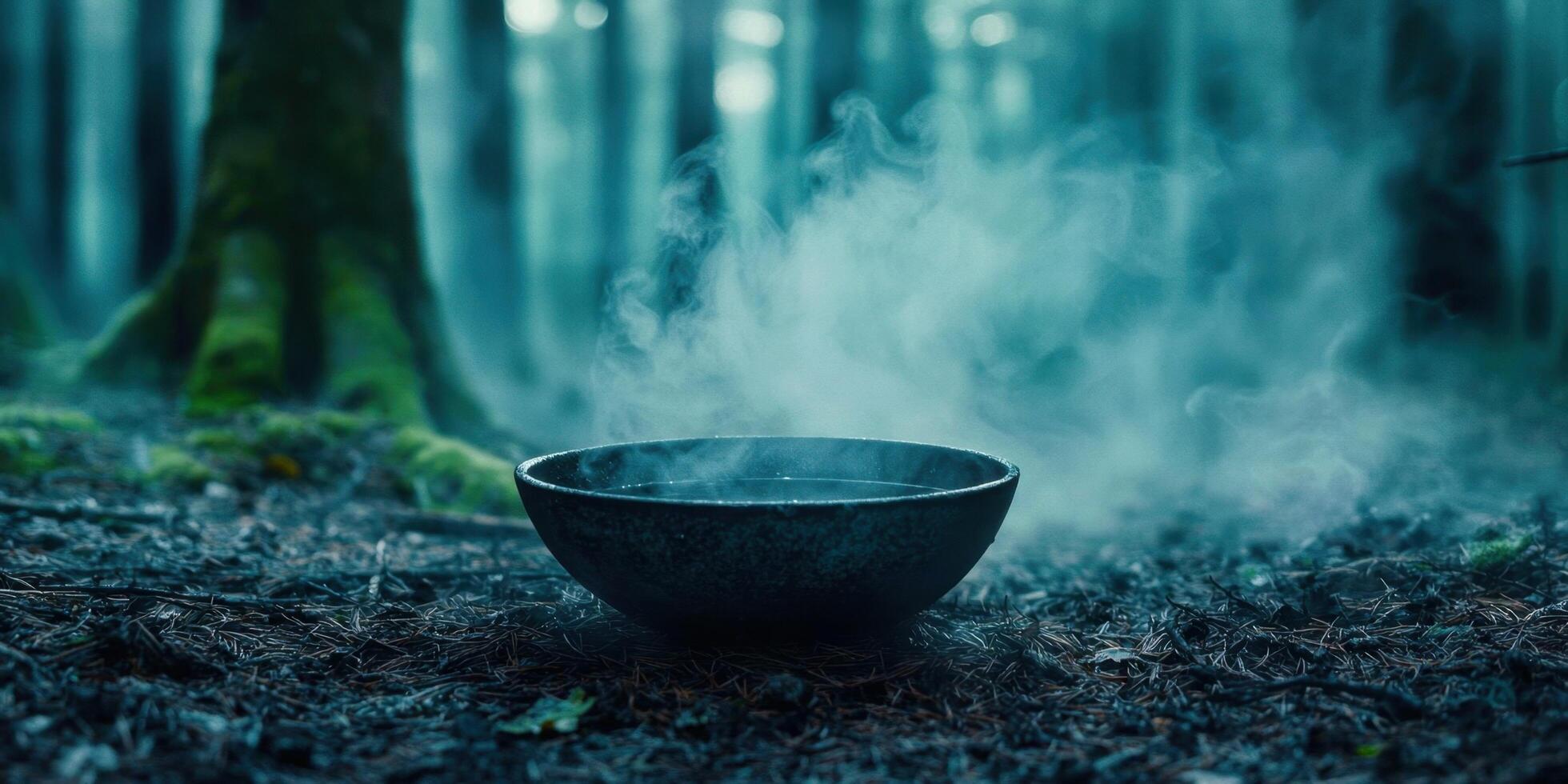 A bowl of tea is sitting in the middle of a forest photo