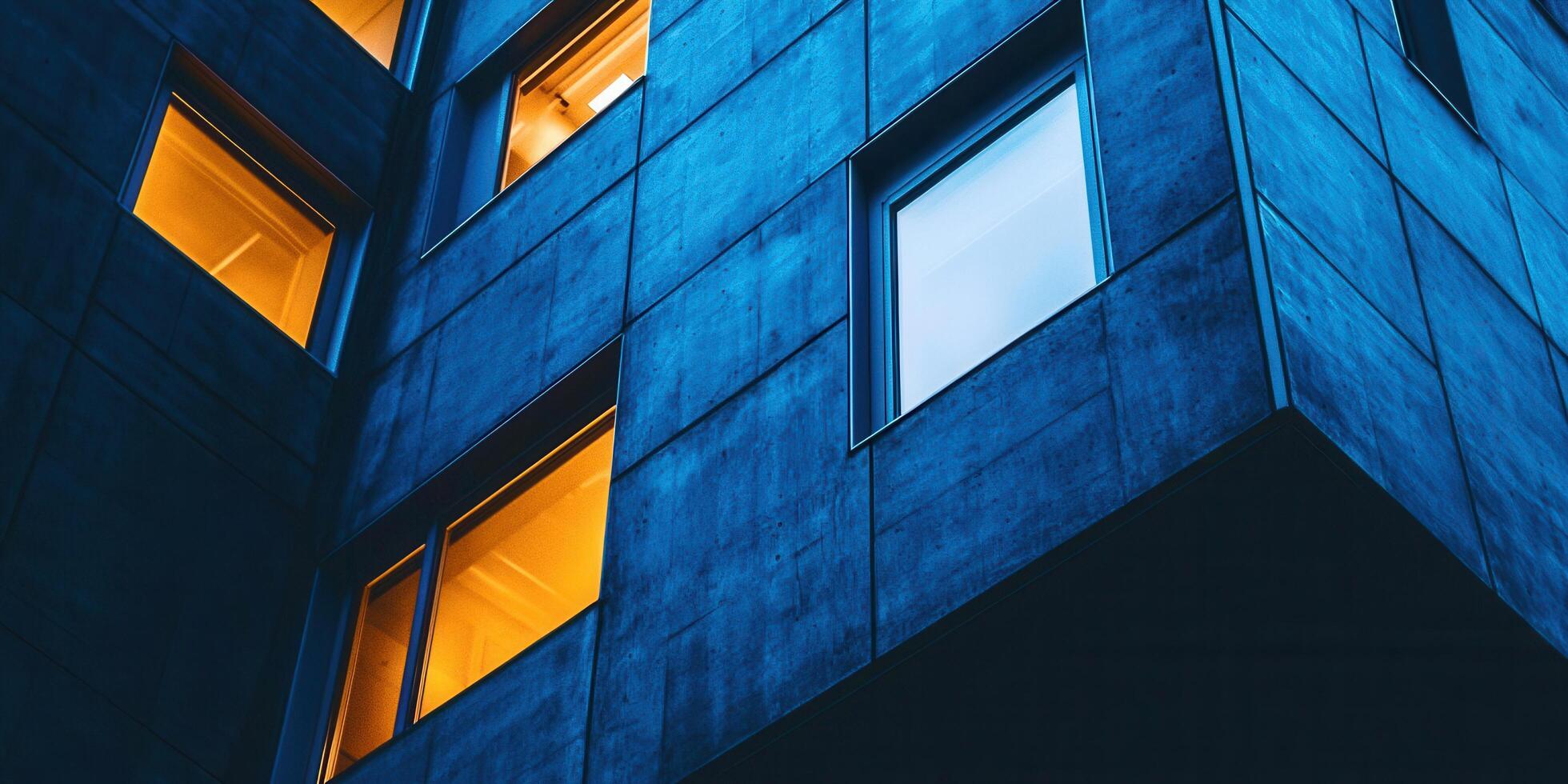 Blue building with yellow lights at night photo