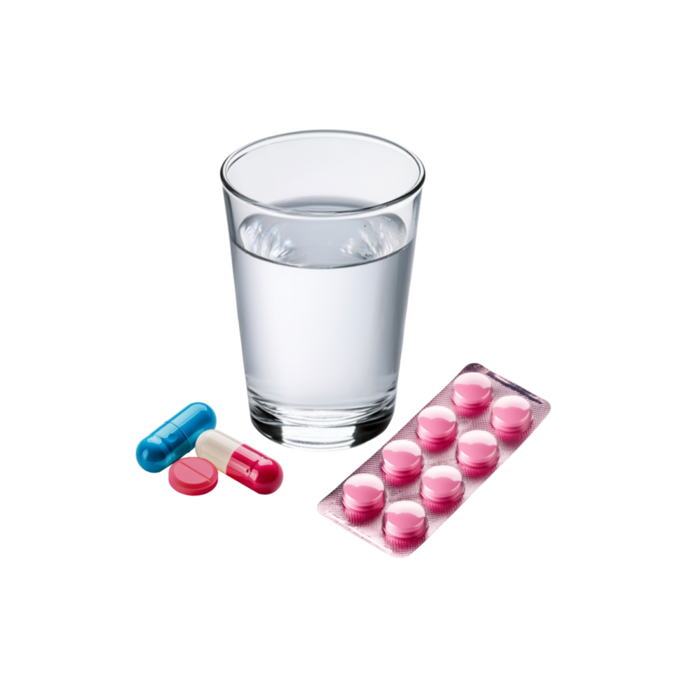 Water glass with medicine strip on transparent background png
