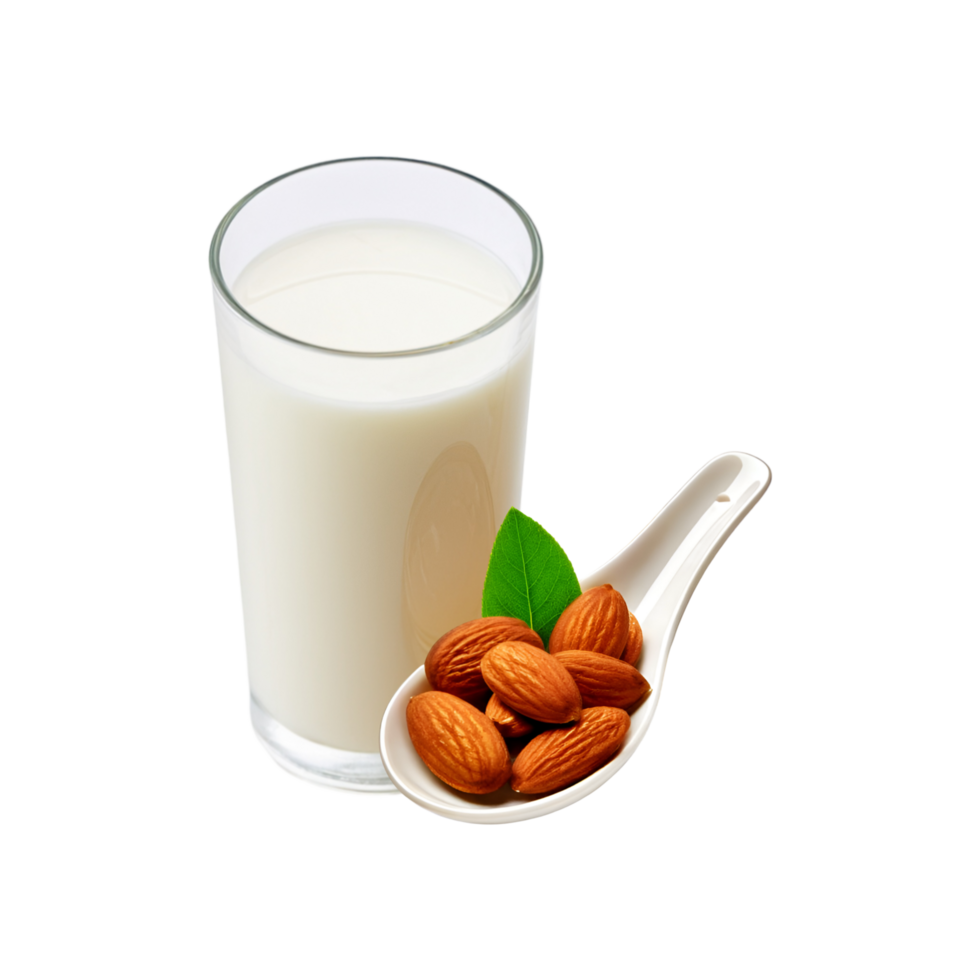 Glass of milk with almond nut spoon on transparent background png