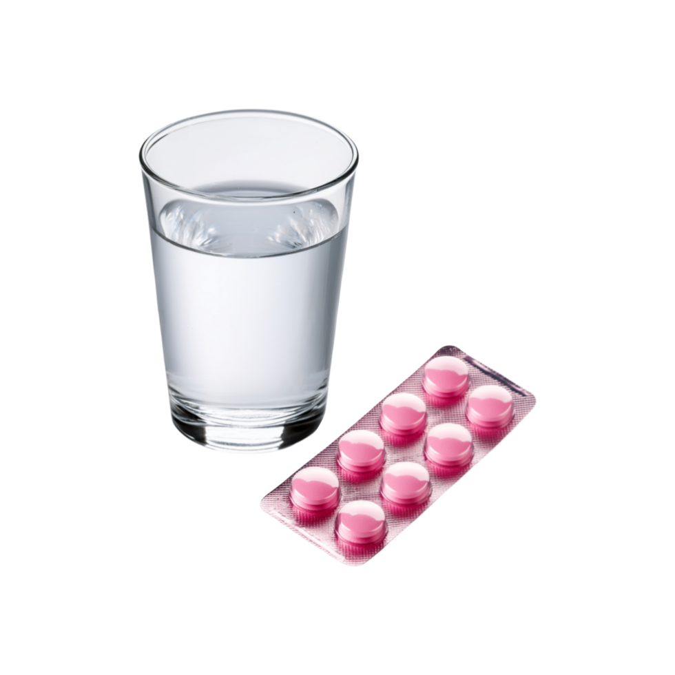 Glass of water with realistic medicine strip on transparent background png