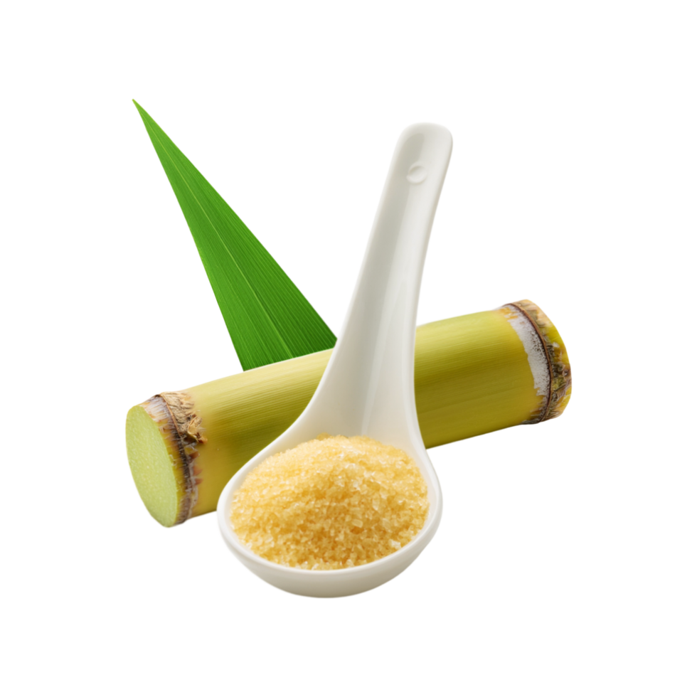 White spoon of sugar with healthy sugarcane and leaf isolated on transparent background png