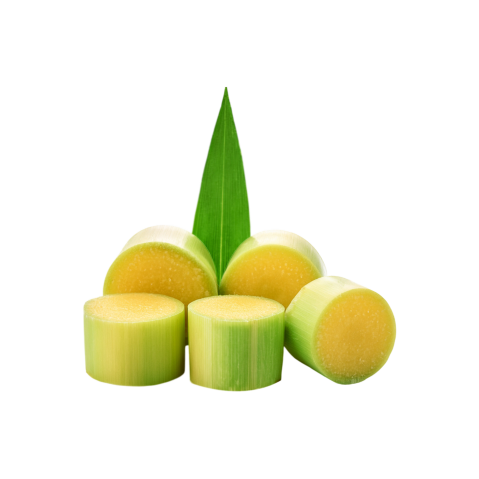 Sliced peeled sugarcane with leaf isolated on transparent background png