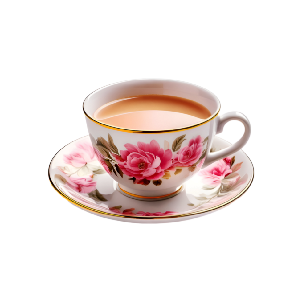 Pink floral design cup and plate with milk tea on transparent background png