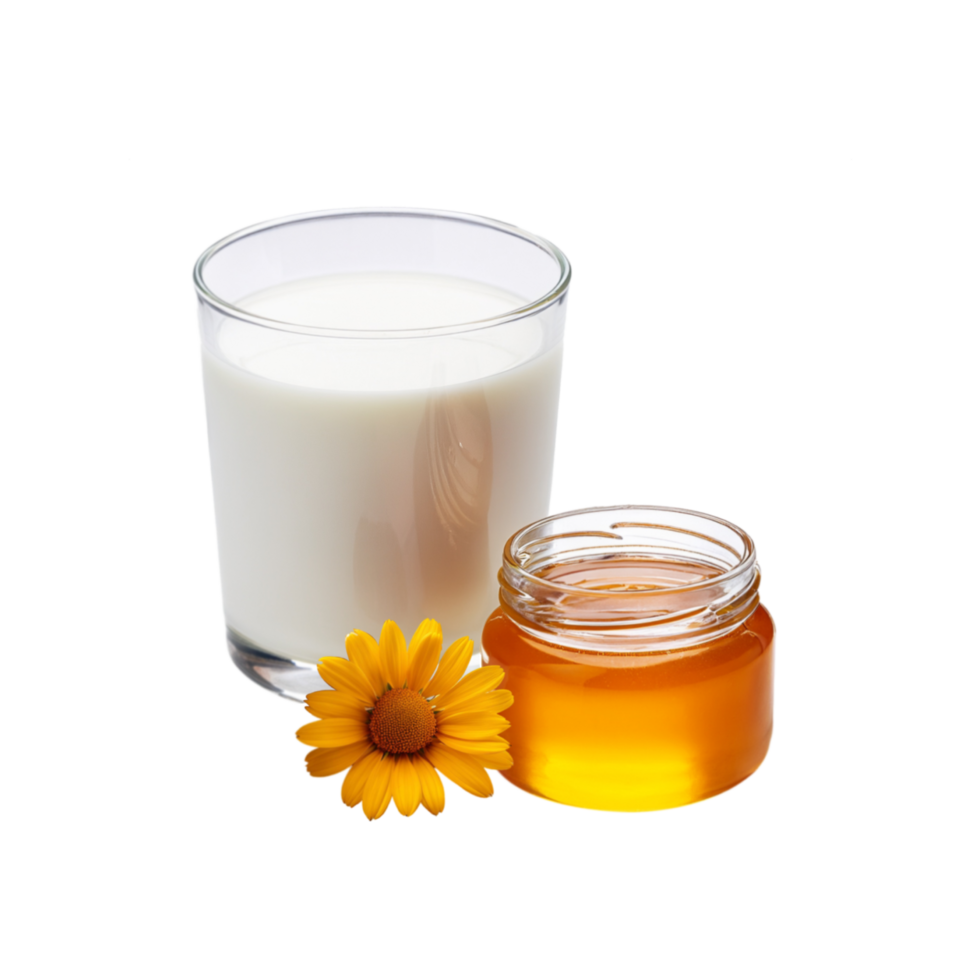 Milk glass with honey jar and flower on transparent background png