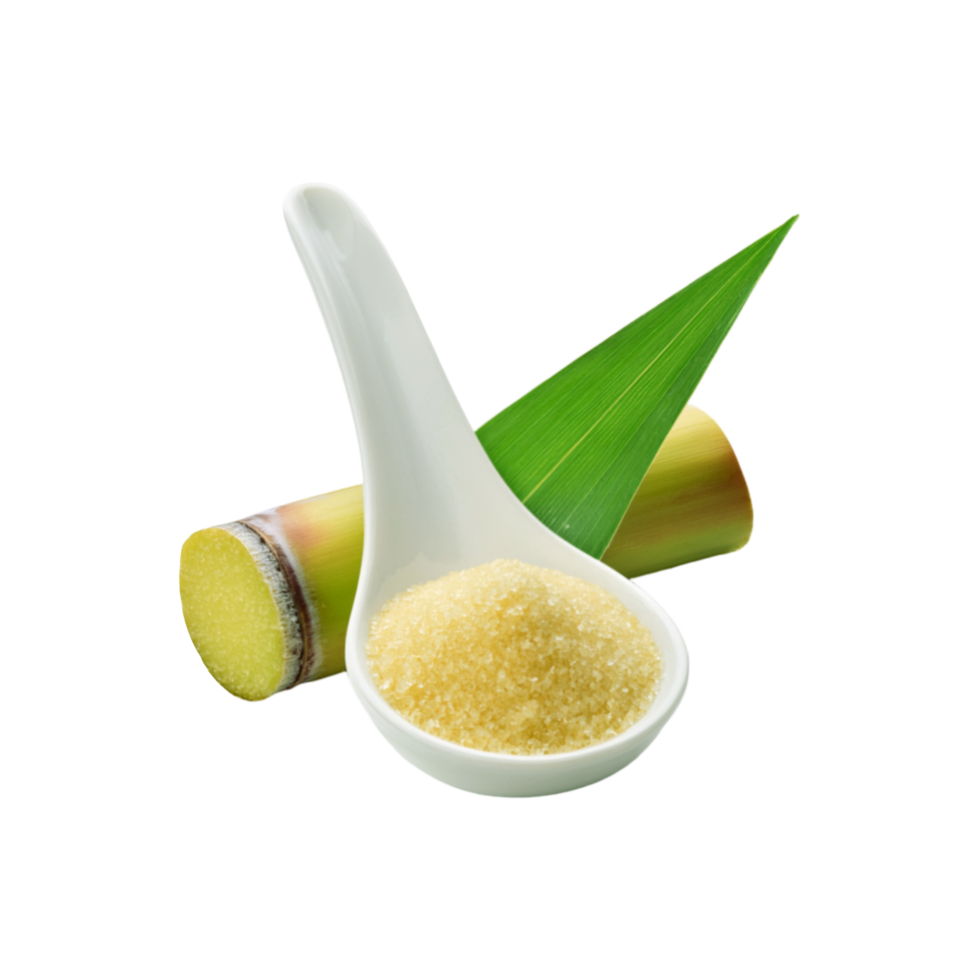 Spoon of sugar with sugarcane on transparent background png