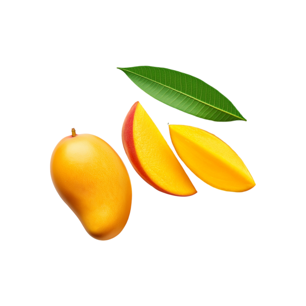 Whole and sliced ripe mango with green leaf on transparent background png