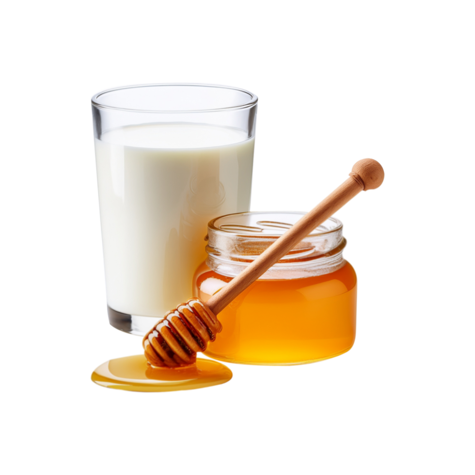 Glass of milk with honey jar and honey dipper on transparent background png