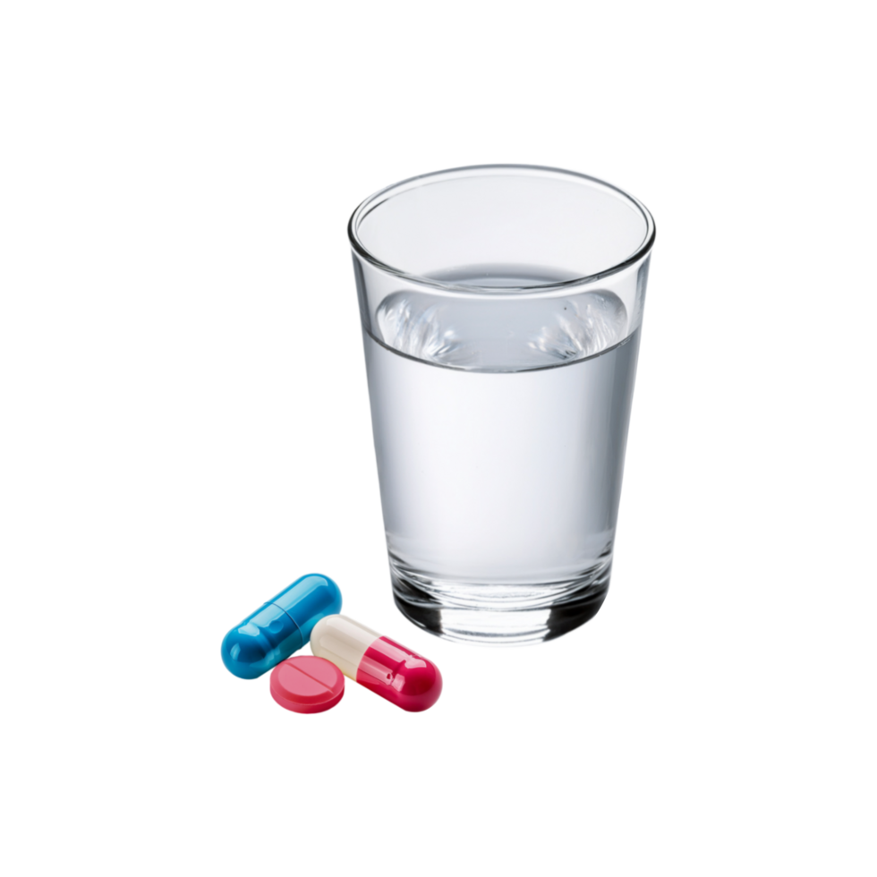 Glass of water with realistic medicine on transparent background png