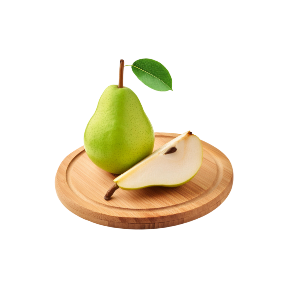 Whole and sliced pear fruit in a chopping board on transparent background png