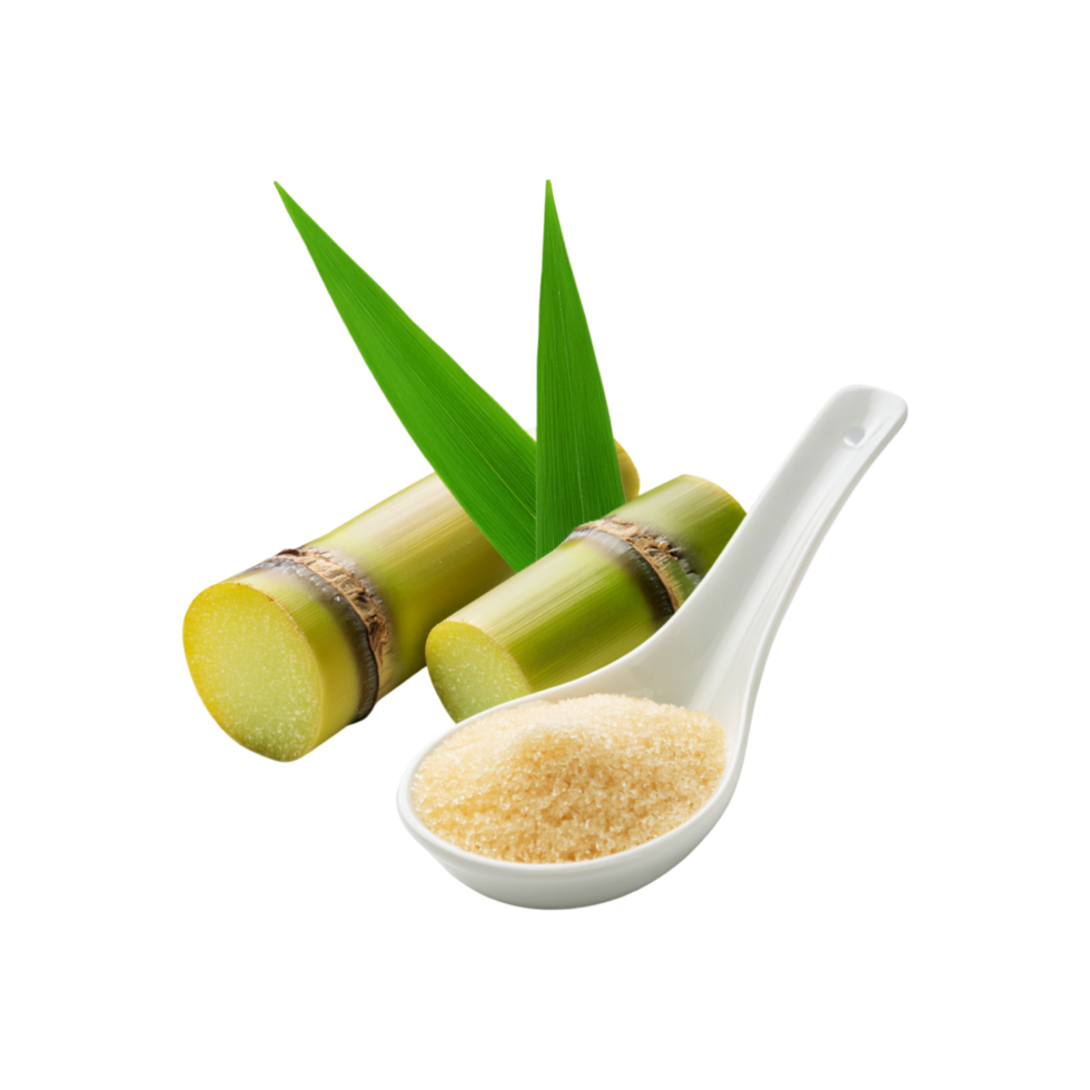 White spoon of sugar with sliced sugarcane isolated on transparent background png