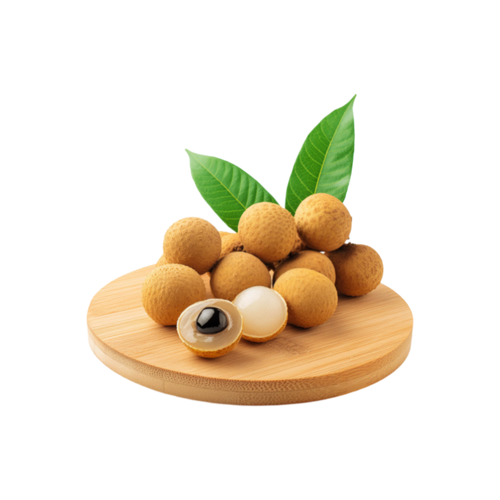 Whole and sliced longan fruit in a chopping board on transparent background png