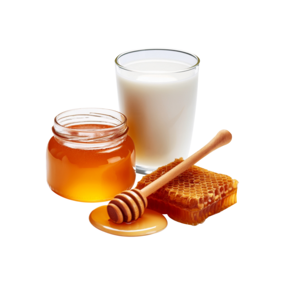 Milk glass with honey jar and honey comb on transparent background png