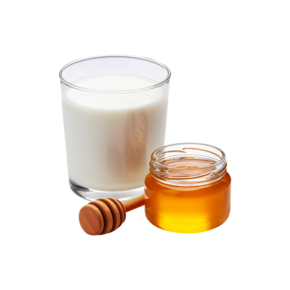 Milk glass with honey jar and honey dipper on transparent background png