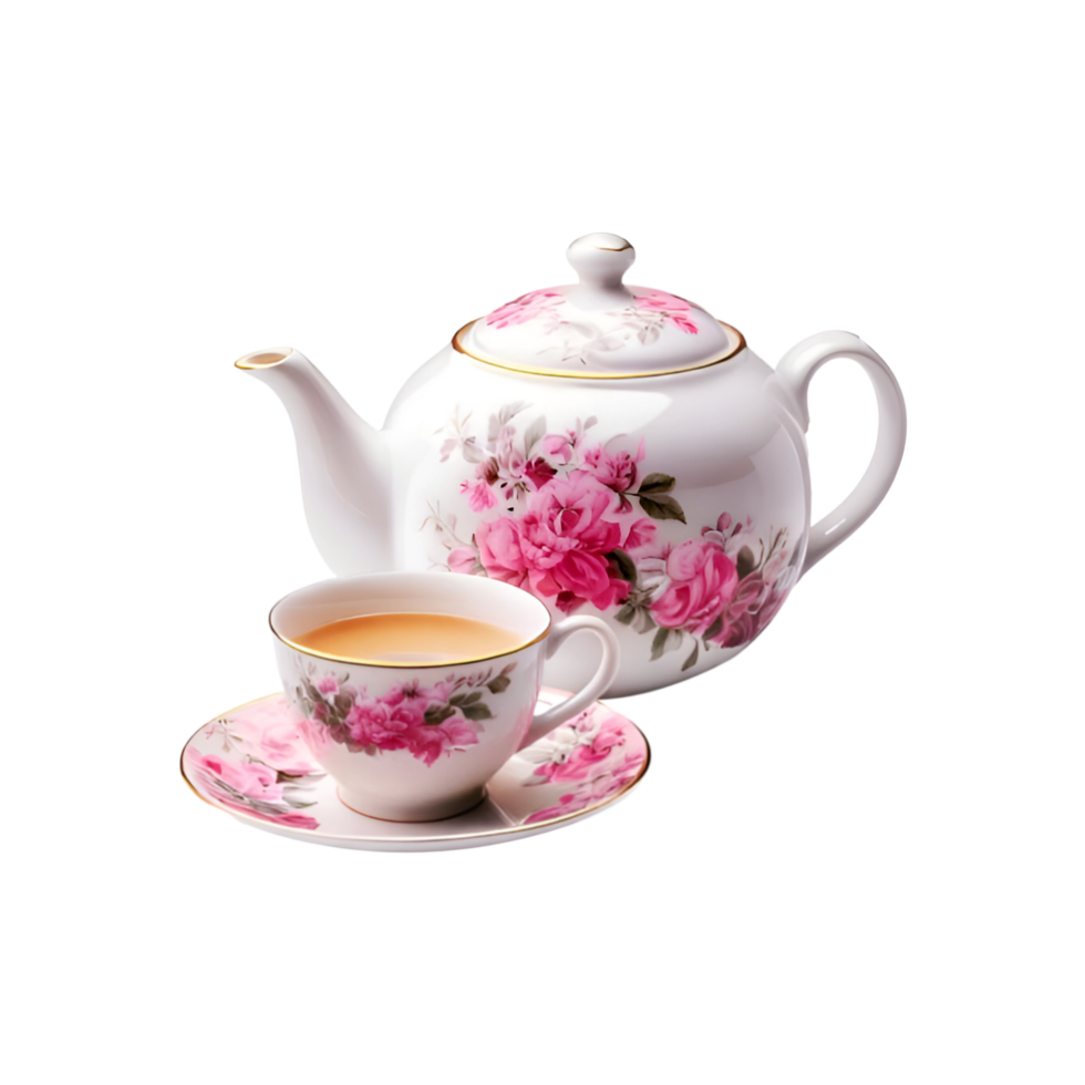 pink floral design ceramic tea pot and tea cup with tea on transparent background png