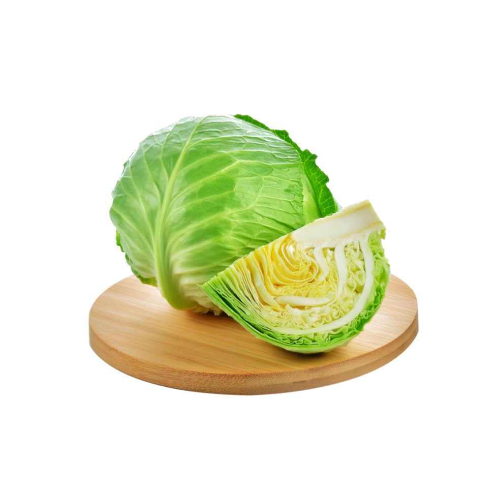 Whole and sliced cabbage vegetable in a chopping board on transparent background png
