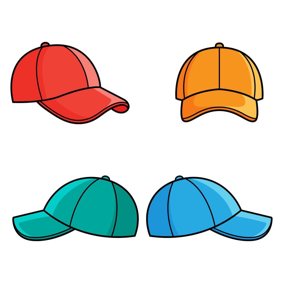 Set of baseball caps, front and side view different perspectives sport cap illustration vector