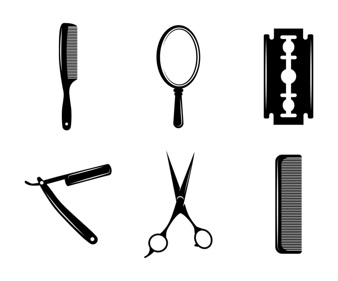 Barbershop icon set comb scissor mirror razor silhouette set barber elements illustration vector