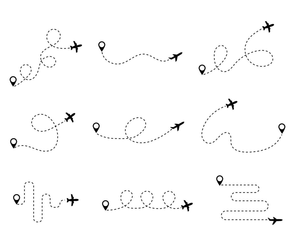 Airplane path route dotted line, aircraft pathway location pin flight illustration vector