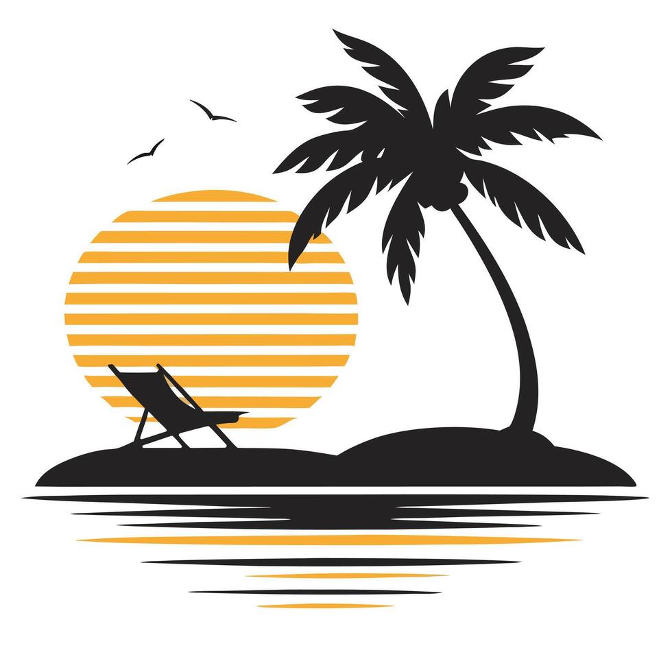 Silhouette palm on minimalist tropical beach scene. vector