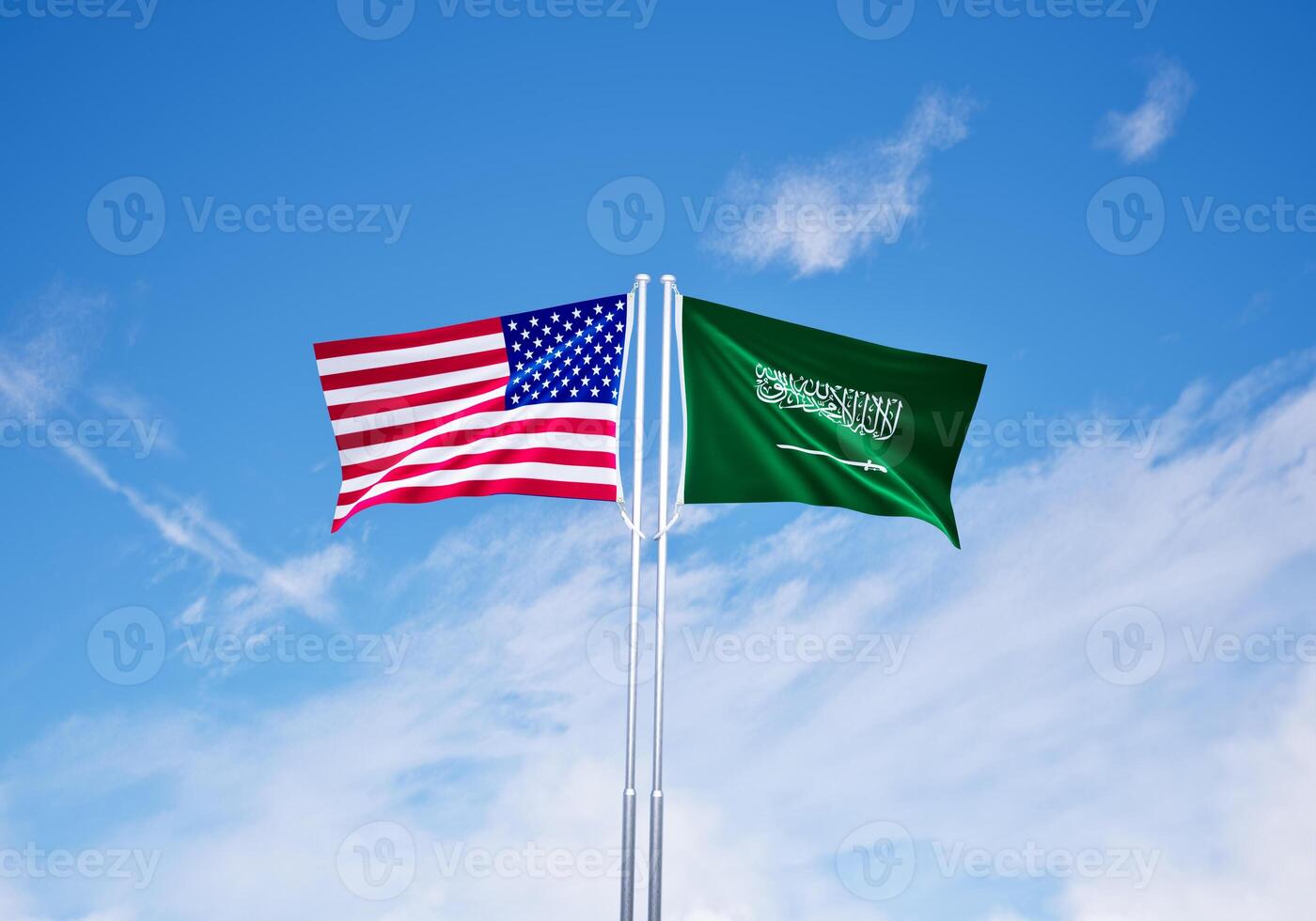 flags of saudi arabia and united states of america over blue sky background photo