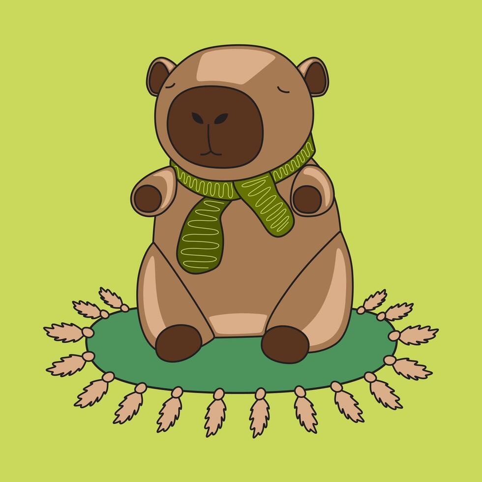 Capybara is sitting on the carpet. Isolated on green background. Capybara with green scarf. Cute and joyful greeting card design for birthday celebrations, invitations, and digital prints vector