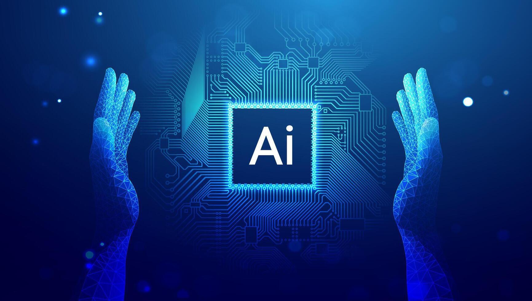 Futuristic digital ai hand holding AI microchip with circuit board connections, artificial intelligence and machine learning, blue technology background vector