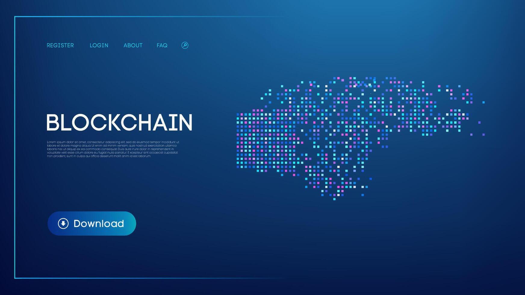 Futuristic blockchain website interface with abstract digital blocks, decentralized data structure, and modern UI design on a dark background, representing cryptocurrency, secure transactions, and vector