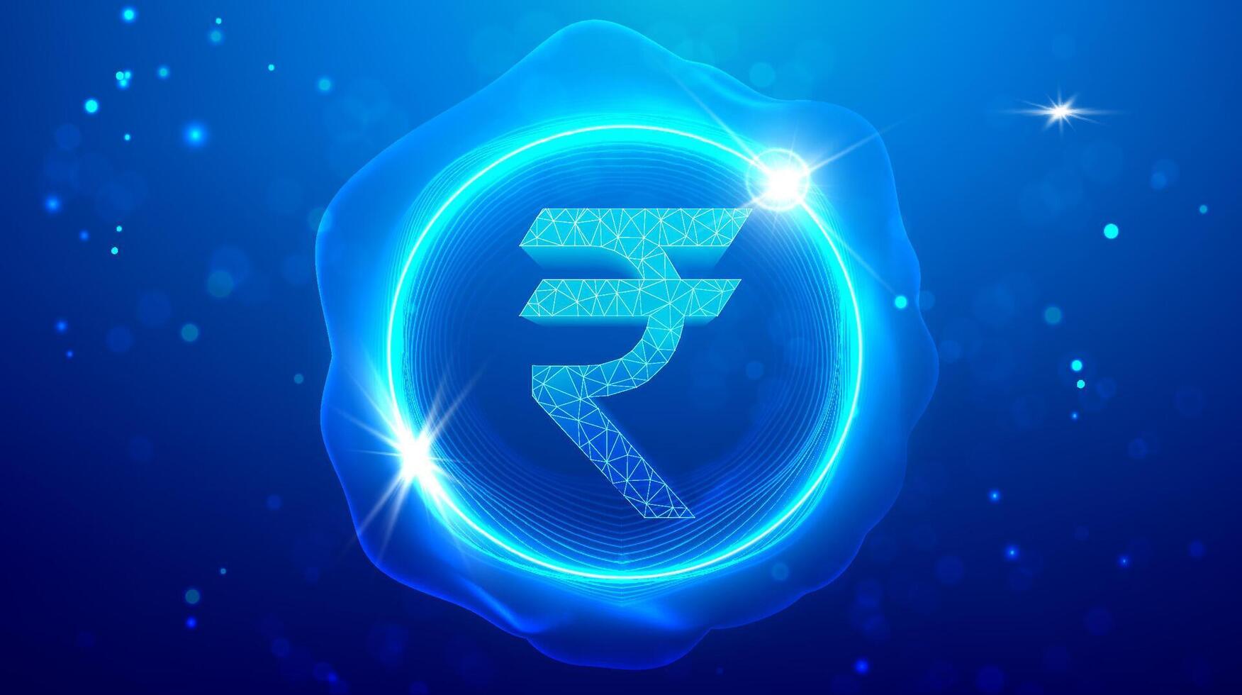 Digital rupee technology interface with glowing Indian currency symbol, futuristic financial background, fintech network connections, abstract neon blue circuit design vector