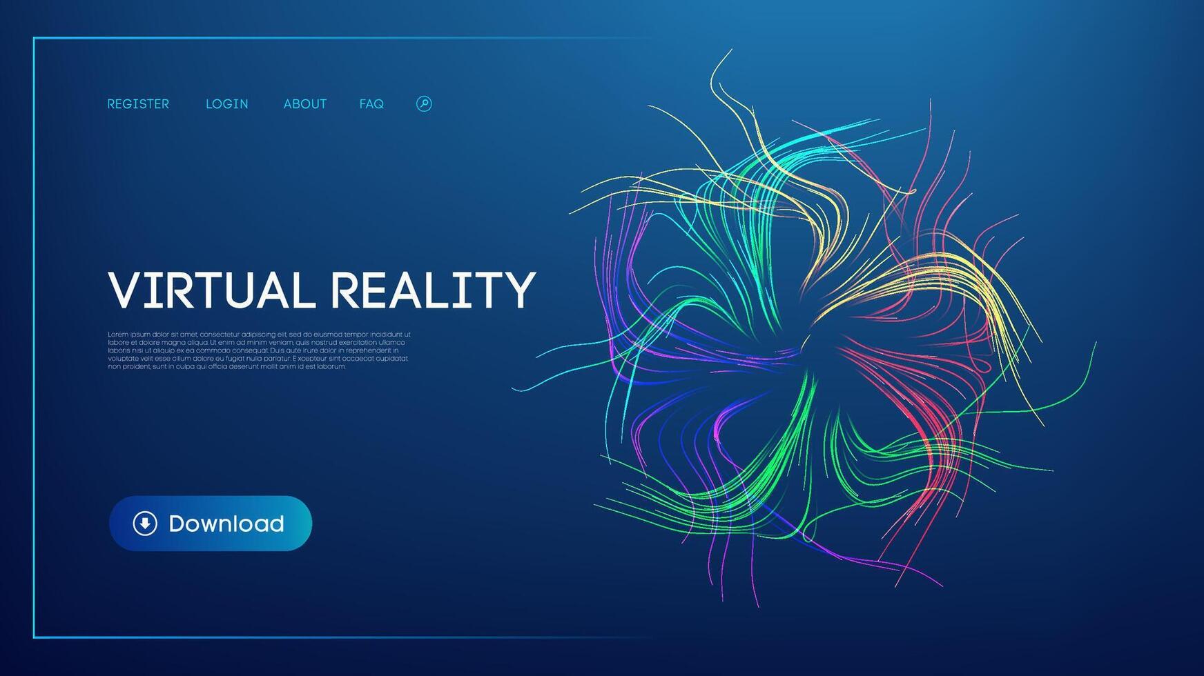 Futuristic virtual reality website interface with glowing abstract digital waves, neon color lines, and a modern UI design on a dark background, representing immersive technology, augmented reality vector