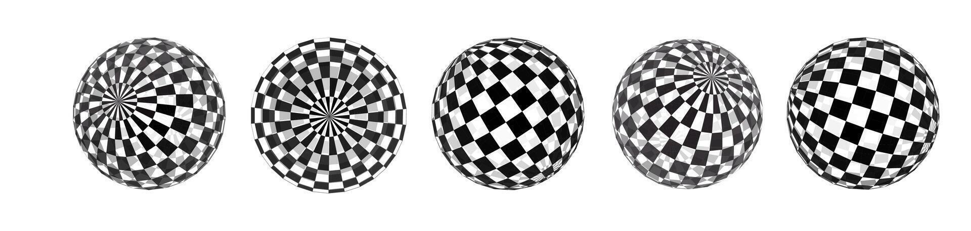 3d checkered sphere globe graphics shape set. Circle round ball mesh, white grid check, black, abstract chess orb isolated. vector