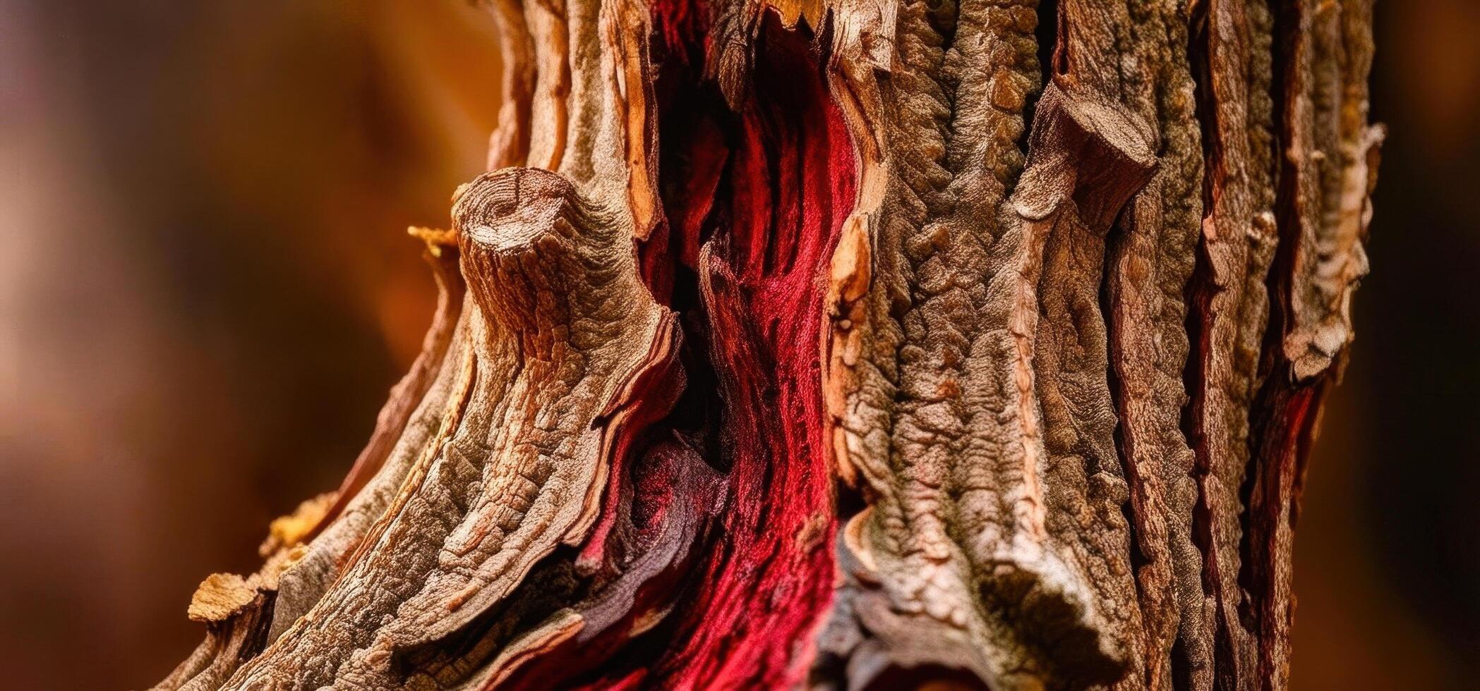 A close up of a red and black tree trunk photo