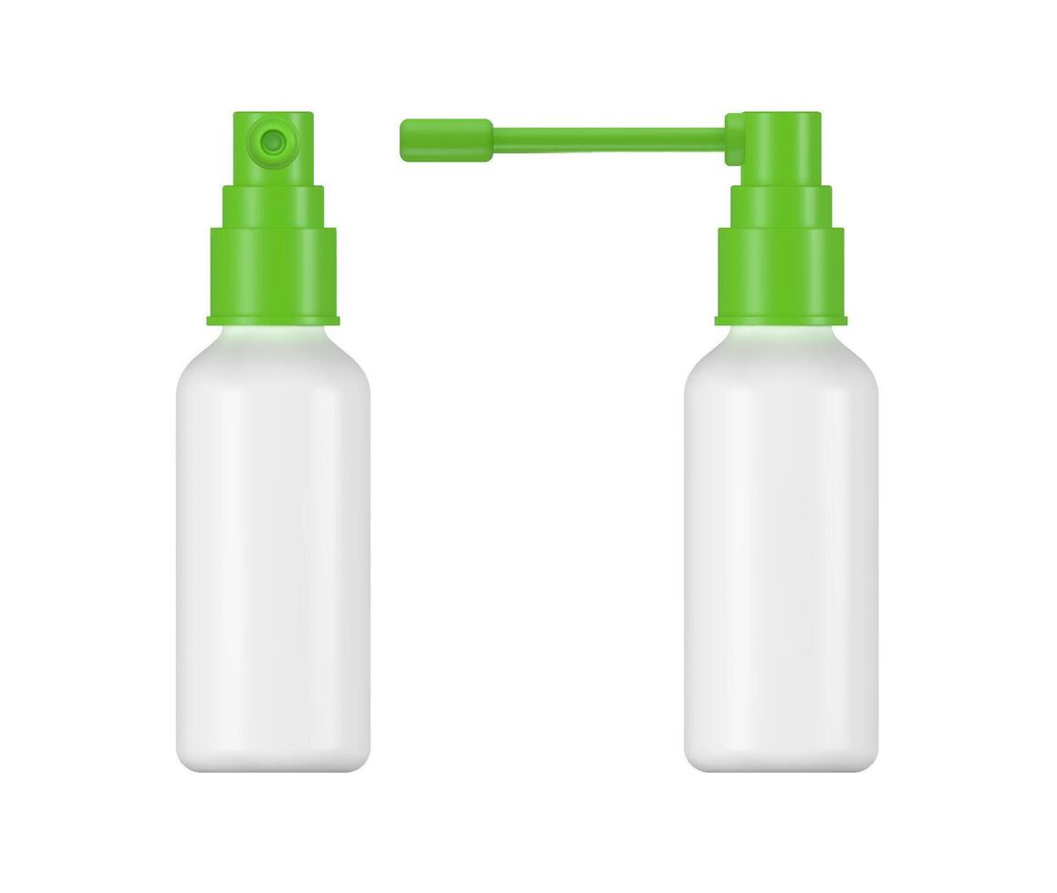 Spray throat bottle mockup with green nozzle and white container for oral medical and cosmetic product packaging design. Dispenser or cleaning solution on white background. vector