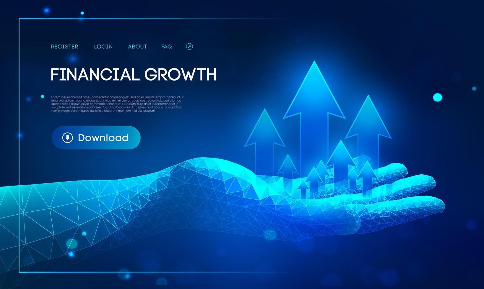 Financial growth concept futuristic digital hand with glowing upward arrows symbolizing investment success and economic progress. Blue technology background for business and fintech concepts vector